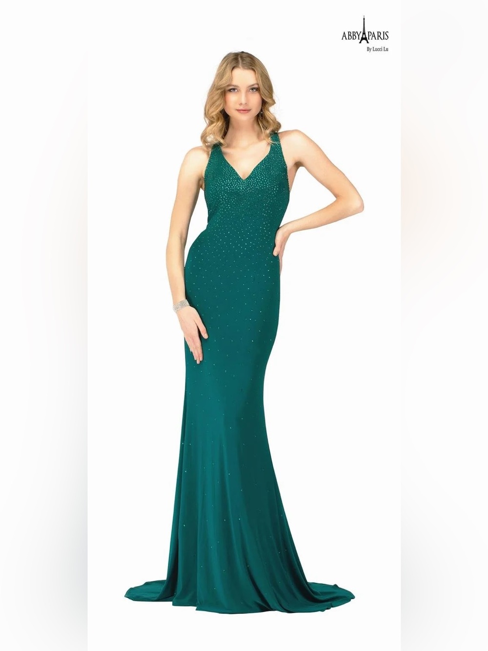 Abby Paris Emerald Beaded V-Neck Evening Gown